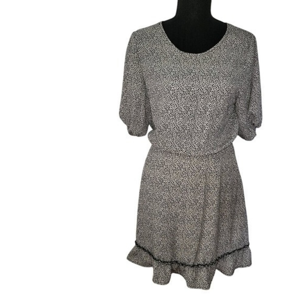 Women Midi Puff Sleeve IvoryBlack Animal Print M Retro Summer Dress Boho Peasant